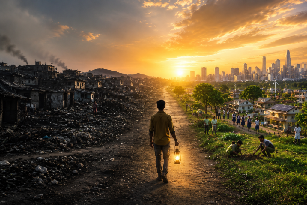 A person walking from a polluted environment toward a cleaner and more hopeful future