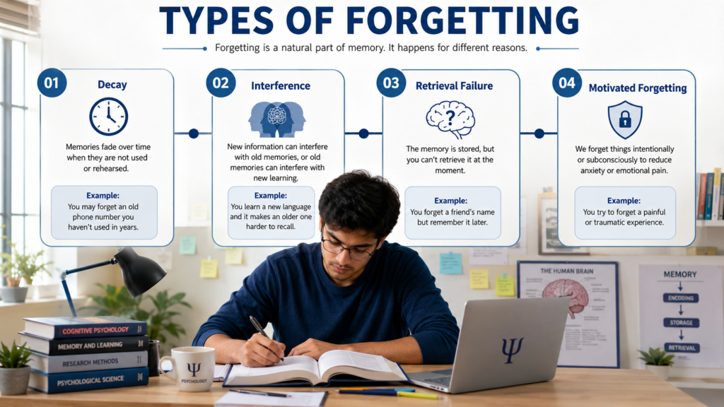 Educational infographic showing the four major types of forgetting in psychology