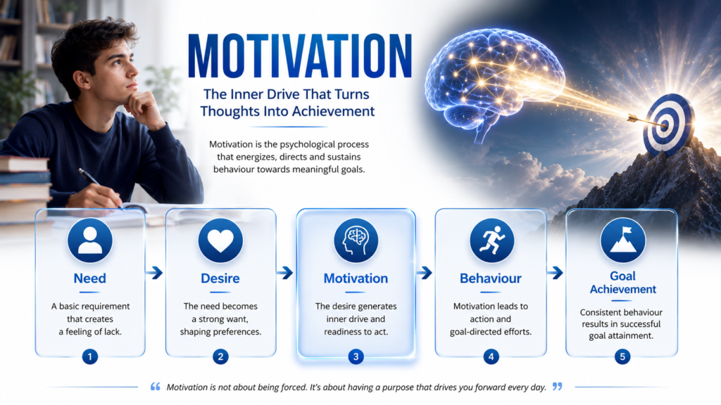 Educational psychology infographic explaining motivation through the process of need, desire, behaviour, and goal achievement.