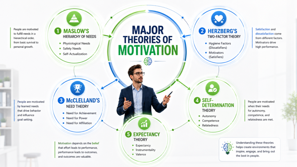 Educational infographic presenting Maslow, Herzberg, McClelland, Self-Determination Theory, and Expectancy Theory.