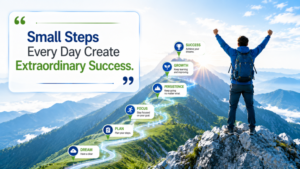 Inspirational image of a successful person standing on a mountain peak after achieving goals through motivation.