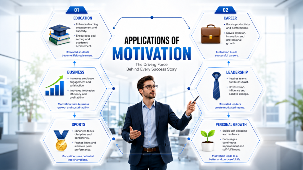 Psychology infographic showing motivation applied in education, career, leadership, sports, business, and personal development.