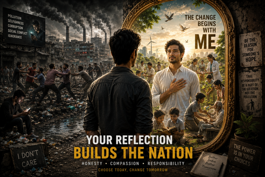 A person confronting two different futures through self-reflection and responsibility