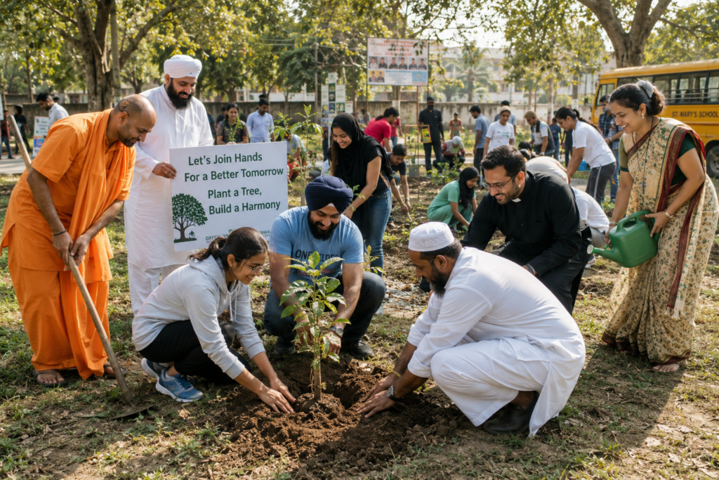 People from different religions working together to plant trees and build a better India