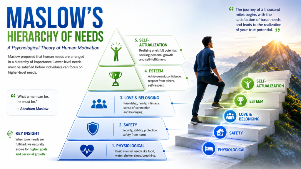 Realistic pyramid diagram illustrating Maslow's five levels of human needs from physiological needs to self-actualization.