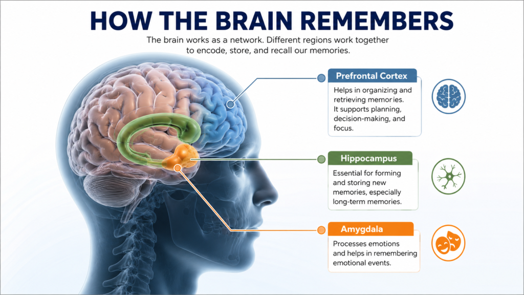 Hippocampus, Prefrontal Cortex, and Amygdala responsible for memory formation and retrieval