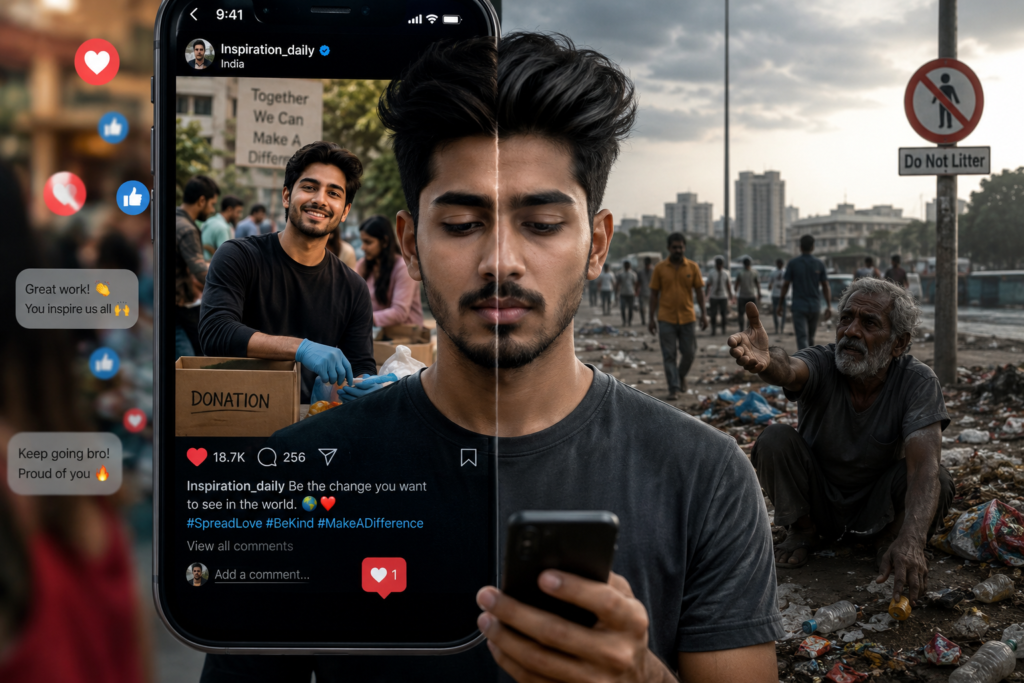 Young man presenting a perfect online image while ignoring real-life responsibility