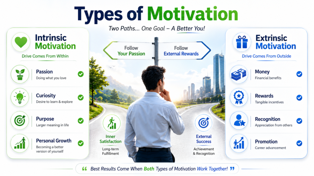 Psychology infographic comparing intrinsic motivation and extrinsic motivation with icons and examples.