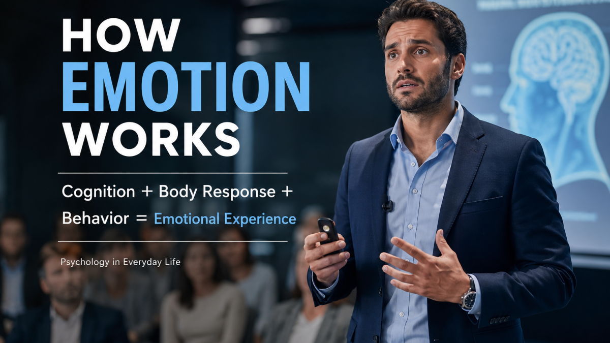 Components of emotion including cognition, body response, and behavior